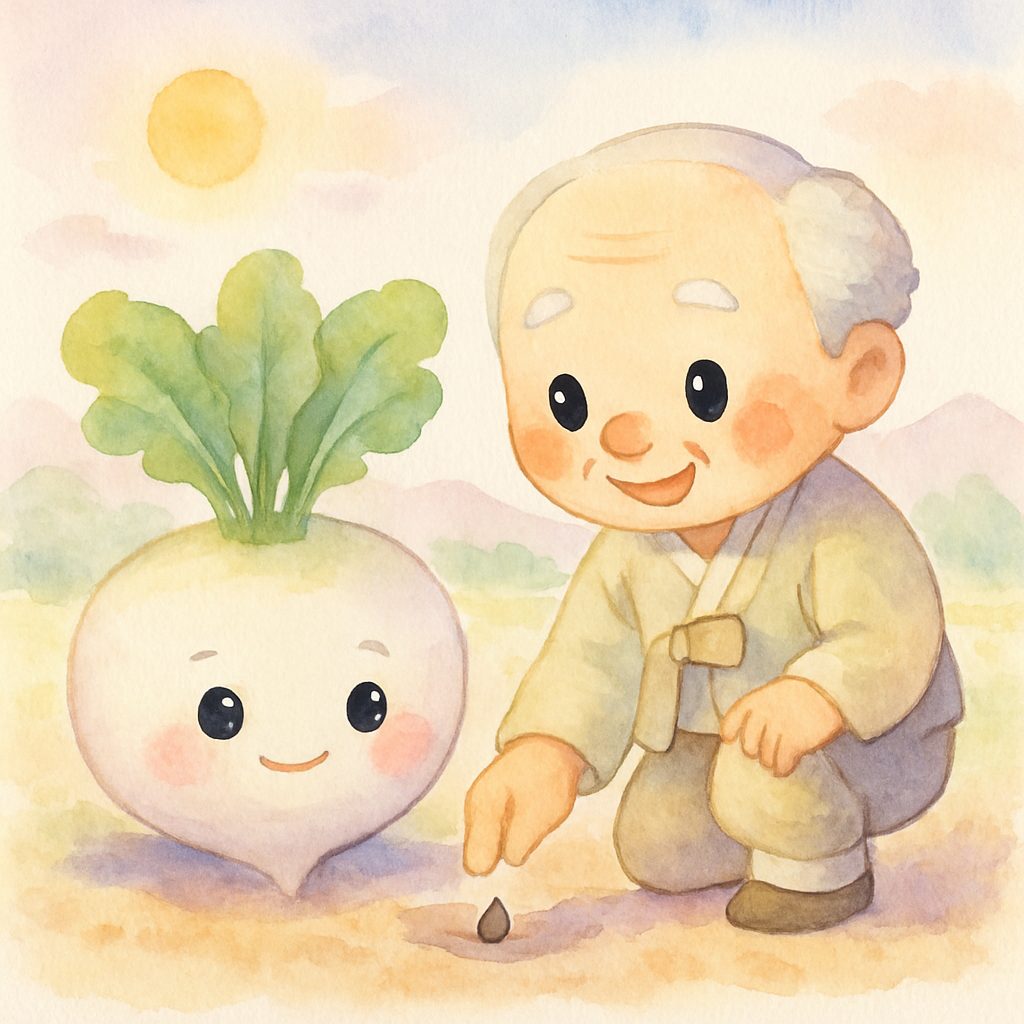 할아버지가 무씨를 심고, 무가 아주 크게 자란 장면